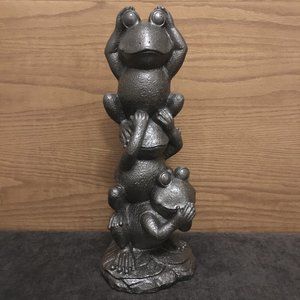 Vintage Gunmetal Grey Frog Garden Statue See Hear Speak No Evil Totem Zen
